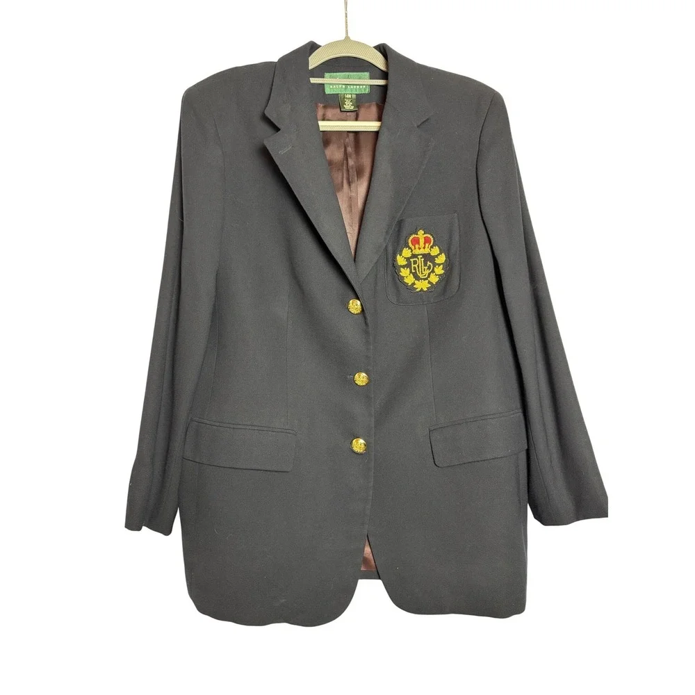 VTG Lauren Ralph Lauren Navy Wool Crested Blazer Gold Buttons Plus 14W‎ 3D Crown